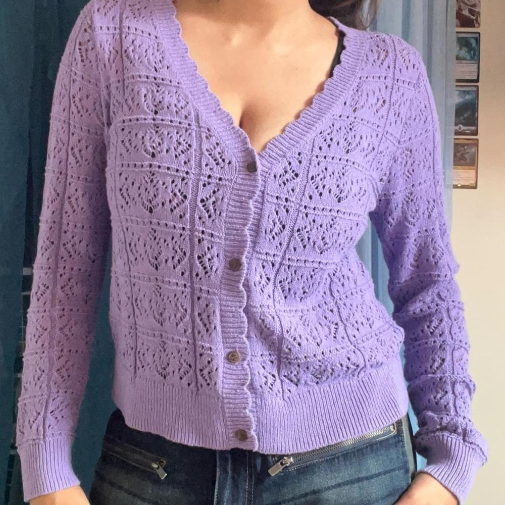 Cottage-Core Lavender Open Knit Button Cardigan - Picture 3 of 7